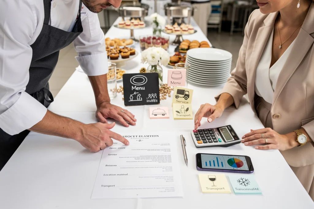 la future mariée discute avec le traiteur pour connaitre les coûts d'un tel service